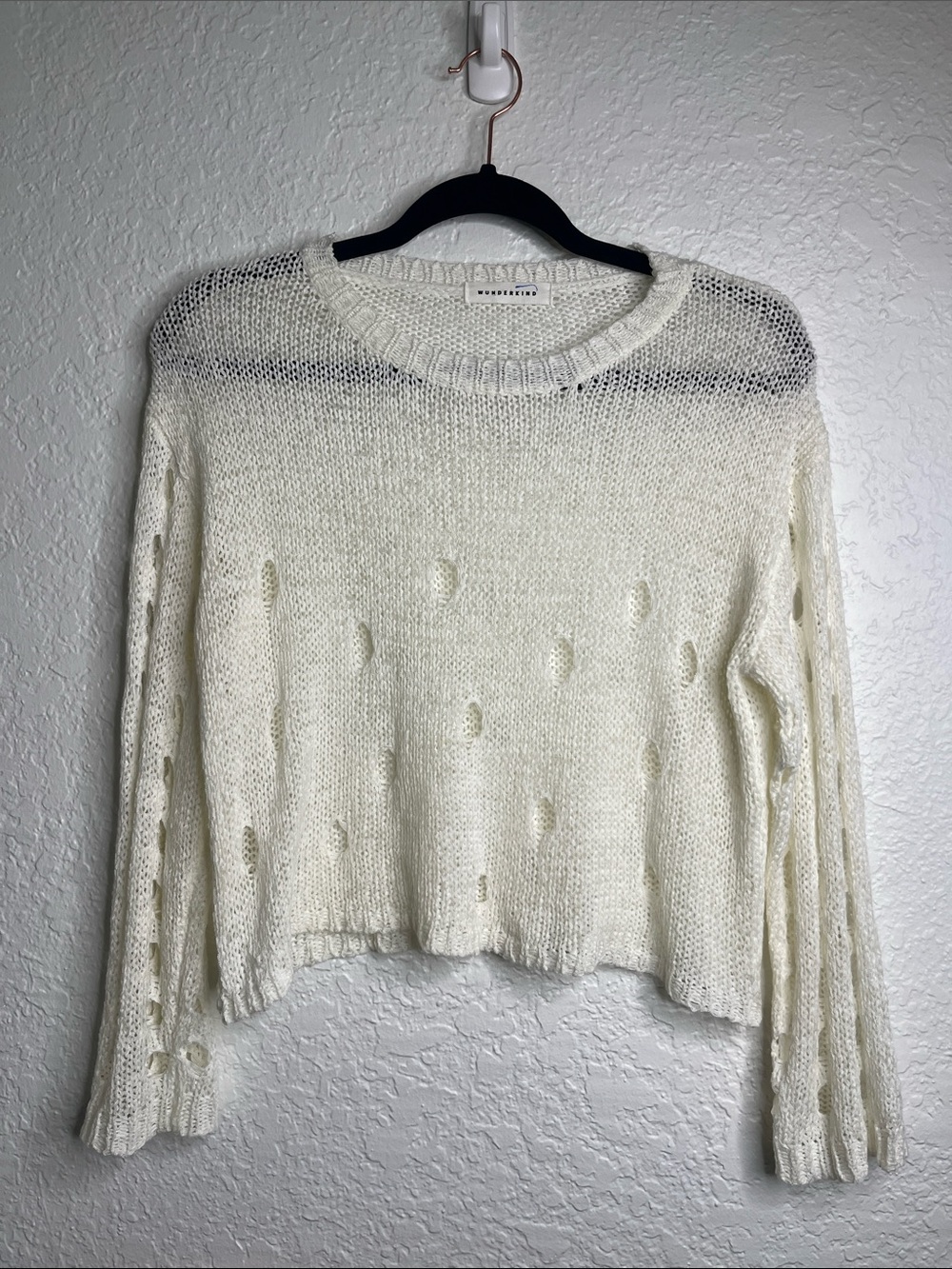 Wunderkind Open Knit Shredded Sweater Crop Top Ivory Sz s/m